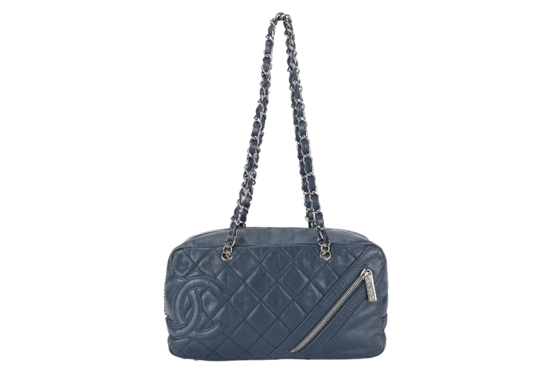 CHANEL CLUB BOWLER BAG (1138xxxx) BLUE CALFSKIN QUILTED COTTON LEATHER SILVER HARDWARE NO DUST COVER