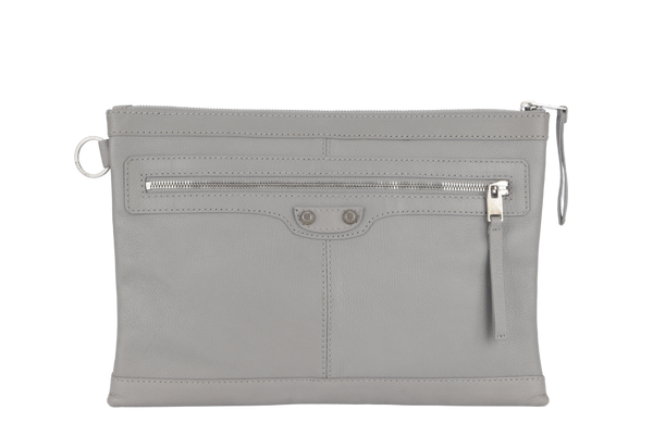 BALENCIAGA MOTOCROSS CLASSIC CLIP M CLUTCH (273022 1600 B 538735) GREY LEATHER SILVER HARDWARE WITH DUST COVER