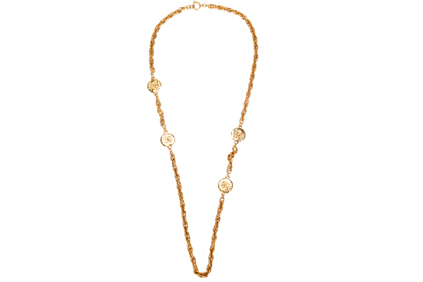 CHANEL VINTAGE GOLD PLATED NECKLACE 80CM 4 GOLD PLATED PENDANTS CC ENGRAVES, NO BOX