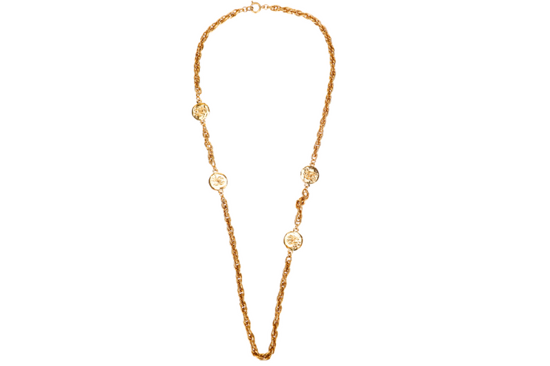CHANEL VINTAGE GOLD PLATED NECKLACE 80CM 4 GOLD PLATED PENDANTS CC ENGRAVES, NO BOX