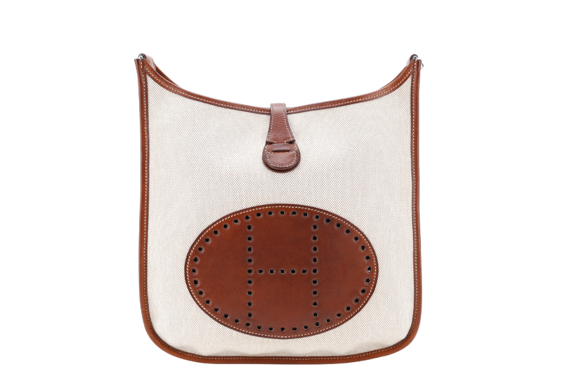 HERMES EVELYN PM STAMP SQUARE K (YEAR 2007) TOILE x BARENIA LEATHER WITH STRAP AND DUST COVER