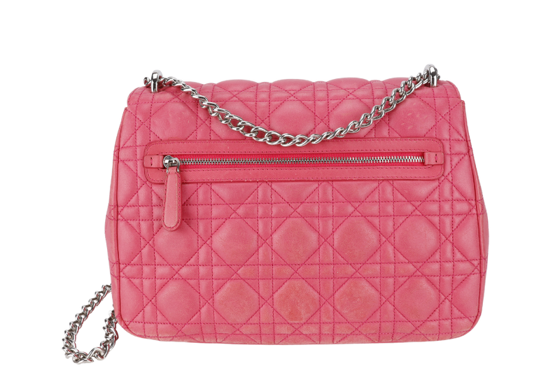 CHRISTIAN DIOR MISS DIOR FLAP CANNAGE BAG MEDIUM FUCHSIA LAMBSKIN SILVER HARDWARE NO DUST COVER