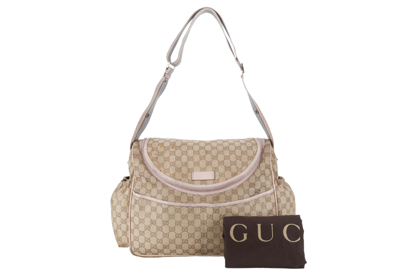 GUCCI DIAPER BAG 123326.002058 LARGE BEIGE & PINK GG MONOGRAM CANVAS GOLD HARDWARE WITH DUST COVER