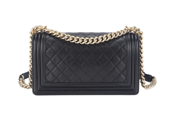 CHANEL LE BOY OLD MEDIUM (2165xxxx) BLACK LAMBSKIN GOLD HARDWARE WITH DUST COVER, CARD AND BOX