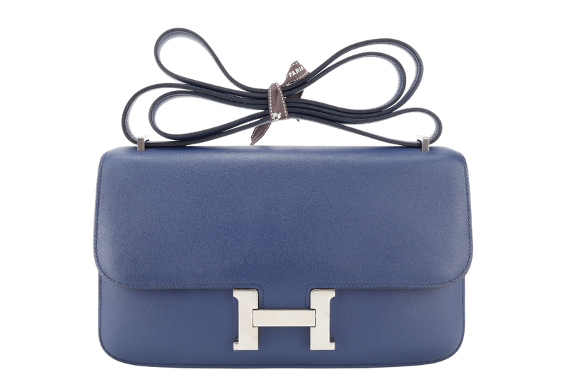 HERMES CONSTANCE ELAN STAMP T (YEAR 2015) BLUE SAPPHIRE SWIFT LEATHER SILVER HARDWARE WITH DUST COVER