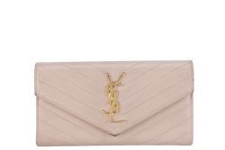 YVES SAINT LAURENT (YSL) LOGO CONTINENTAL WALLET BEIGE QUILTED LEATHER WITH DUST COVER AND BOX