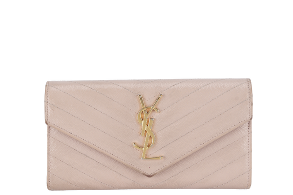 YVES SAINT LAURENT (YSL) LOGO CONTINENTAL WALLET BEIGE QUILTED LEATHER WITH DUST COVER AND BOX