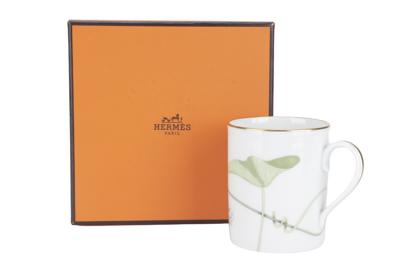 HERMES GREEN LOTUS MARK PORCELAIN MUG WITH BOX