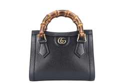 GUCCI DIANA BAMBOO MINI SHOULDER BAG BLACK CALFSKIN LEATHER GOLD HARDWARE WITH STRAPS AND DUST COVER