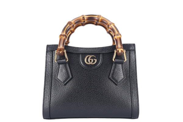 GUCCI DIANA BAMBOO MINI SHOULDER BAG BLACK CALFSKIN LEATHER GOLD HARDWARE WITH STRAPS AND DUST COVER