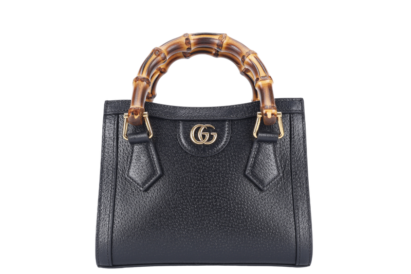 GUCCI DIANA BAMBOO MINI SHOULDER BAG BLACK CALFSKIN LEATHER GOLD HARDWARE WITH STRAPS AND DUST COVER