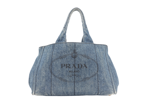 PRADA CANAPA TOTE BAG DENIM BLUE CANVAS LEATHER GOLD HARDWARE NO DUST COVER