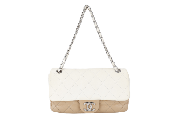 CHANEL BEIGE-CARAMEL CALF SKIN TIMELESS BICOLOR SHOULDER BAG SILVER HARDWARE (1276xxxx) WITH DUST COVER AND CARD