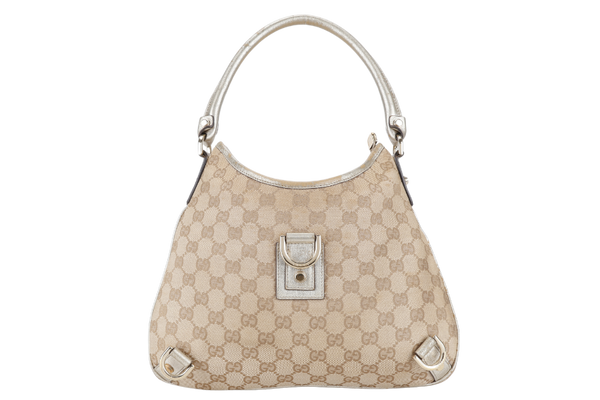 GUCCI GG ABBEY CANVAS METALLIC GOLD TRIM HOBO BAG WITH DUST COVER