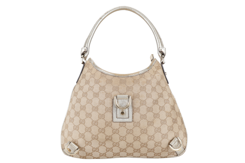 GUCCI GG ABBEY CANVAS METALLIC GOLD TRIM HOBO BAG WITH DUST COVER