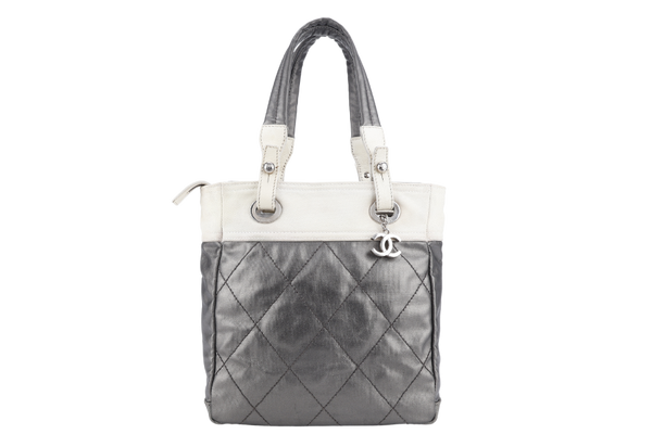 CHANEL SILVER QUILTED COATED CANVAS PARIS-BIARRITZ PETITE SHOPPING TOTE BAG SILVER HARDWARE (1132xxxx) NO DUST COVER