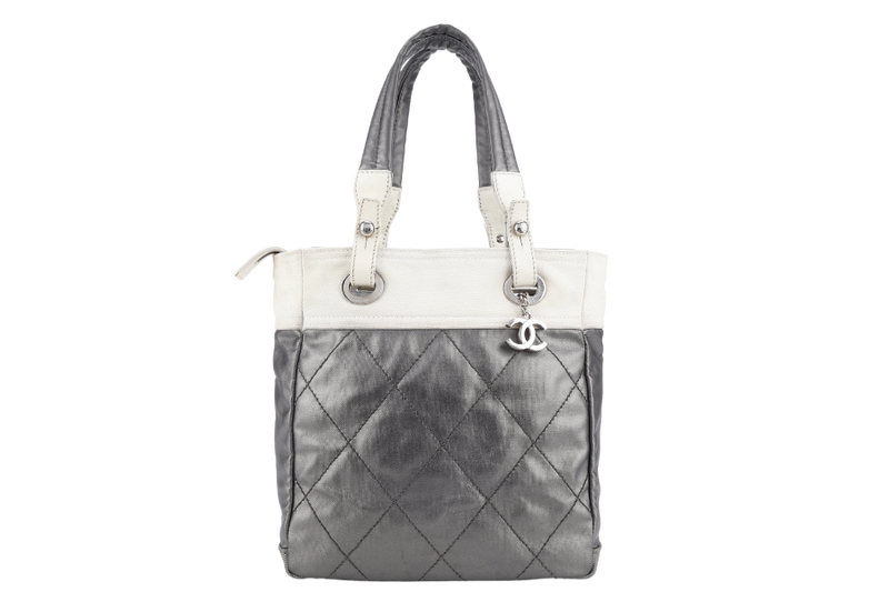 CHANEL SILVER QUILTED COATED CANVAS PARIS-BIARRITZ PETITE SHOPPING TOTE BAG SILVER HARDWARE (1132xxxx) NO DUST COVER