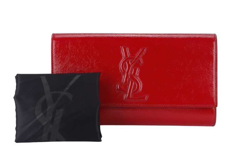 YVES SAINT LAURENT (YSL) BELLE DE JOUR CLUTCH (203855 467891) RED PATENT LEATHER & GOLD HARDWARE WITH DUST COVER