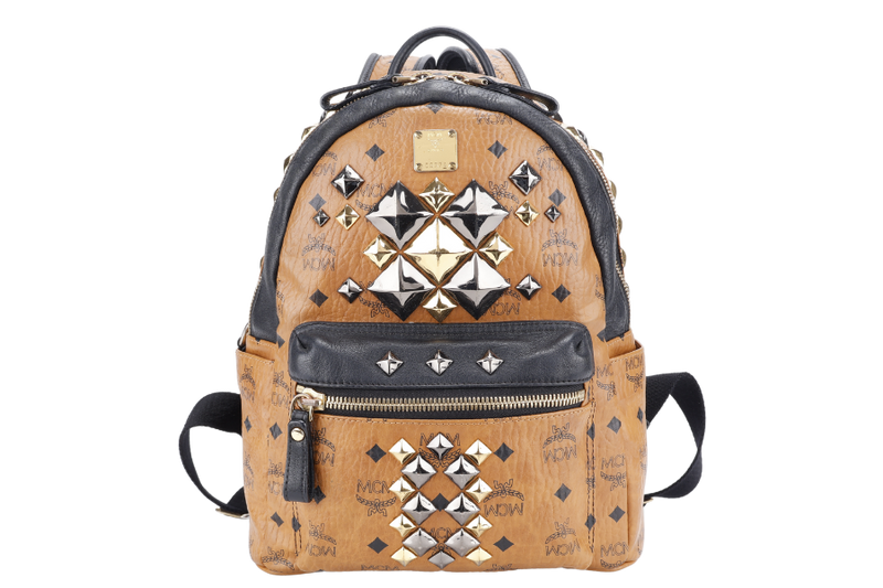 MCM VISETOS STUDDED BROWN MEDIUM LARGE BACKPACK SILVER HARDWARE NO DUST COVER
