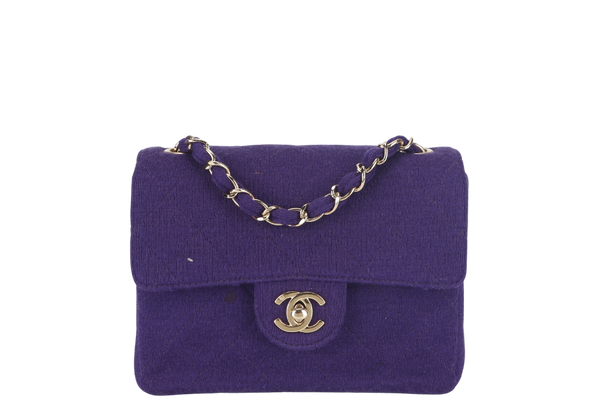 CHANEL CLASSIC FLAP MINI SQUARE (648xxxx) PURPLE JERSEY GOLD HARDWARE WITH DUST COVER AND CARD