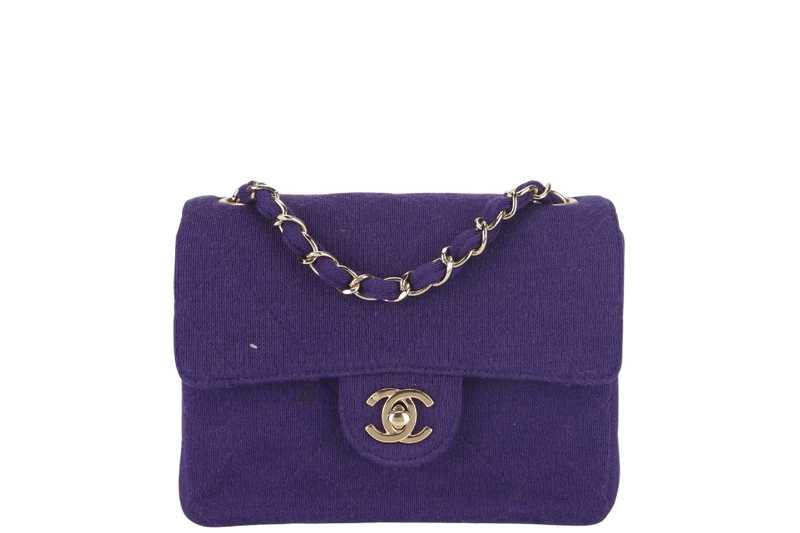 CHANEL CLASSIC FLAP MINI SQUARE (648xxxx) PURPLE JERSEY GOLD HARDWARE WITH DUST COVER AND CARD