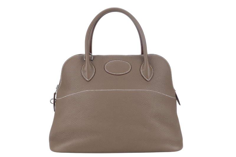 HERMES BOLIDE 31 TAUPE CLEMENCE LEATHER SILVER HARDWARE STAMP A (YEAR 2017) WITH STRAPS, DUST COVER AND BOX