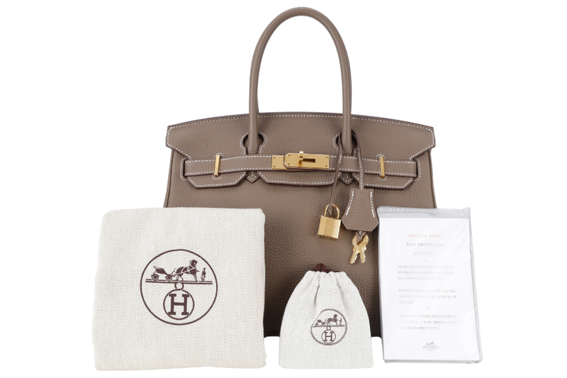 HERMES BIRKIN 30 ETOUPE TOGO GOLD HARDWARE STAMP Z (2021) WITH LOCK & KEYS, RAINCOAT AND DUST COVER