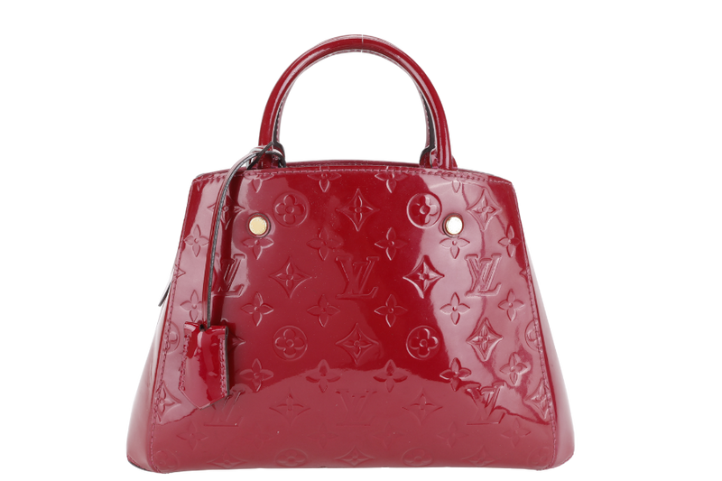 LOUIS VUITTON MONTAIGNE BB MAGENTA MONOGRAM VERNIS GOLD HARDWARE WITH STRAPS, LOCK & KEYS AND DUST COVER
