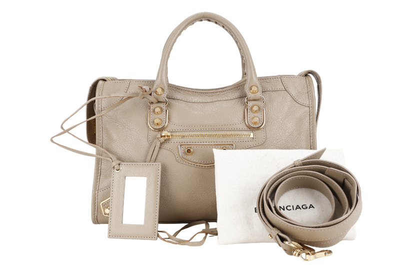 BALENCIAGA SMALL METALLIC EDGE CLASSIC CITY TOTE BEIGE CALFSKIN LEATHER GOLD HARDWARE WITH DUST COVER, STRAPS AND MIRROR