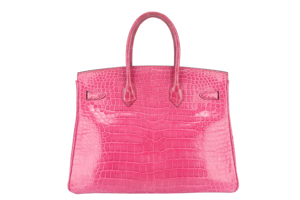 HERMES BIRKIN 35 SHINY POROSUS ROSE TYRIEN SILVER HARDWARE STAMP UNCLEAR WITH KEYS, LOCK, RAINCOAT AND DUST COVER