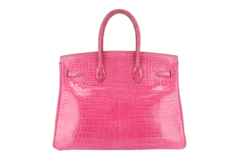HERMES BIRKIN 35 SHINY POROSUS ROSE TYRIEN SILVER HARDWARE STAMP UNCLEAR WITH KEYS, LOCK, RAINCOAT AND DUST COVER