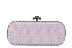 BOTTEGA VENETA KNOT CLUTCH MEDIUM LILAC SATIN BLACK HARDWARE WITH DUST COVER