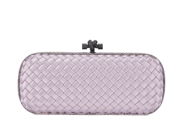 BOTTEGA VENETA KNOT CLUTCH MEDIUM LILAC SATIN BLACK HARDWARE WITH DUST COVER