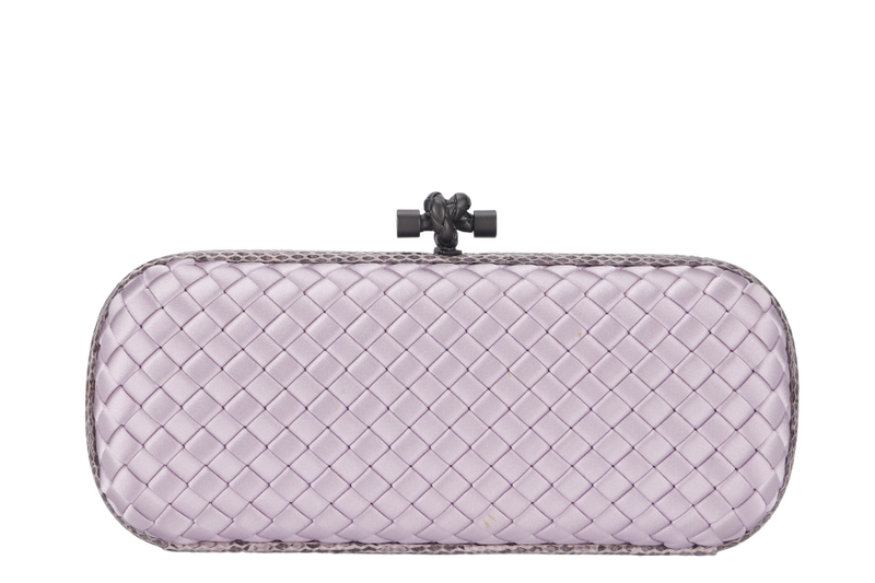 BOTTEGA VENETA KNOT CLUTCH MEDIUM LILAC SATIN BLACK HARDWARE WITH DUST COVER