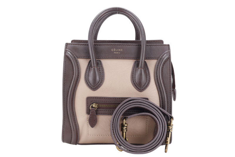 CELINE LUGGAGE NANO BAG TRICOLOR BROWN TAUPE LEATHER GOLD HARDWARE WITH LONG STRAPS