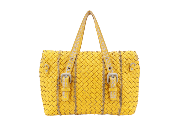 BOTTEGA VENETA VIVO CERVO INTRECCIATO BAG YELLOW LEATHER WITH GREY ANCHOR LINKS WITH LEATHER STRAPS AND DUST COVER
