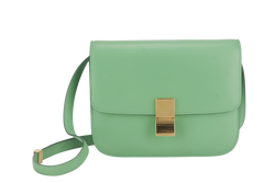 CELINE GREEN GOATSKIN MEDIUM CLASSIC BOX FLAP BAG IN PALM GOLD HARDWARE WITH STRAPS, DUST COVER AND BOX