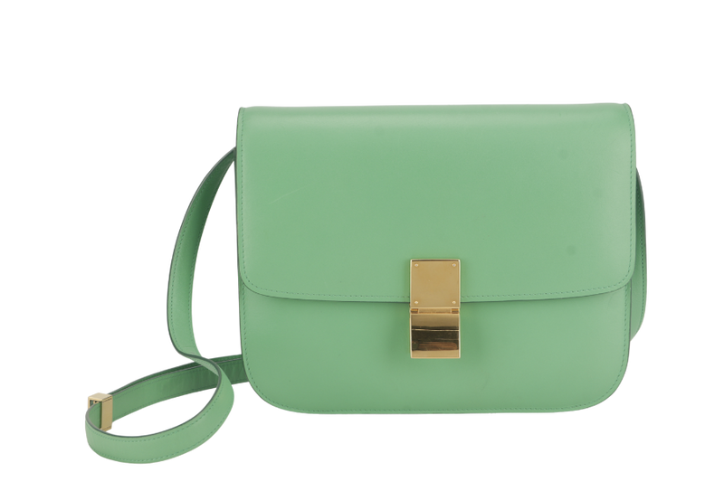 CELINE GREEN GOATSKIN MEDIUM CLASSIC BOX FLAP BAG IN PALM GOLD HARDWARE WITH STRAPS, DUST COVER AND BOX