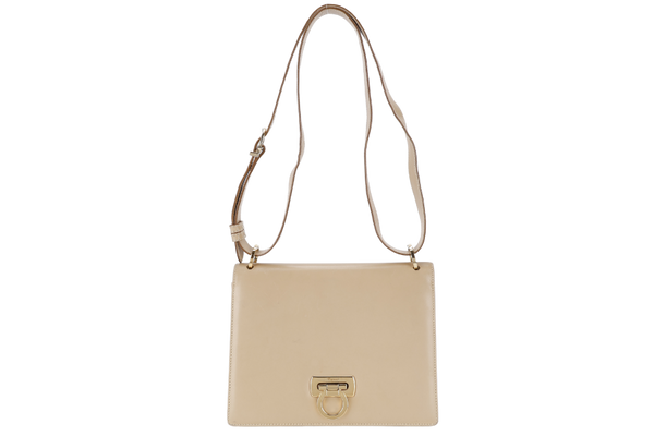 SALVATORE FERRAGAMO GANCINI SHOULDER BAG BEIGE LEATHER GOLD HARDWARE WITH DUST COVER