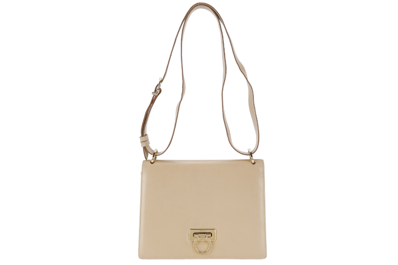 SALVATORE FERRAGAMO GANCINI SHOULDER BAG BEIGE LEATHER GOLD HARDWARE WITH DUST COVER