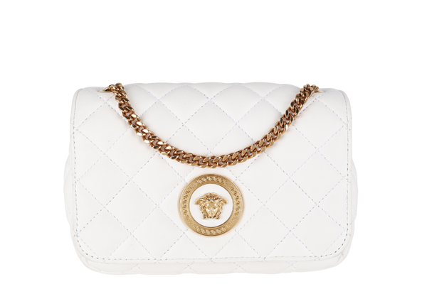 VERSACE MEDUSA SMALL WHITE NAPPA QUILTED LEATHER CROSSBODY GOLD HARDWARE WITH DUST COVER