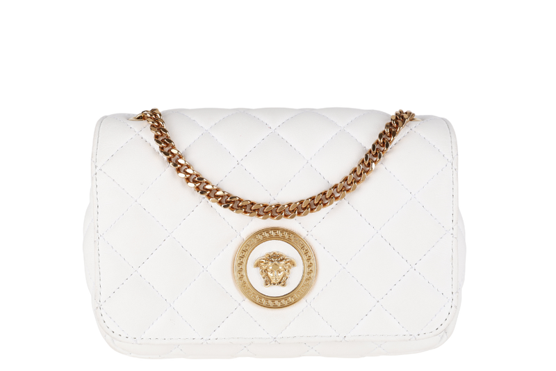VERSACE MEDUSA SMALL WHITE NAPPA QUILTED LEATHER CROSSBODY GOLD HARDWARE WITH DUST COVER