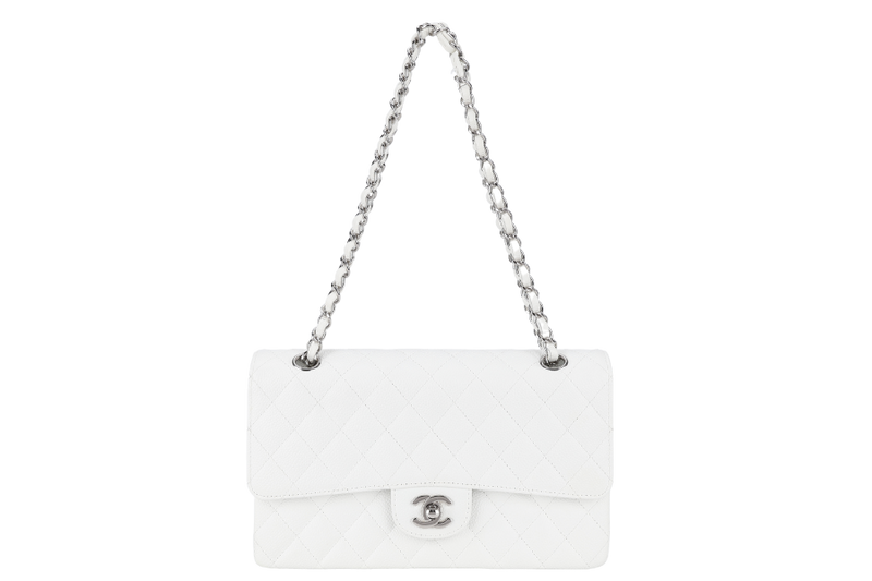 CHANEL CLASSIC FLAP MEDIUM SIZE WHITE CAVIAR SILVER HARDWARE (1121xxxx) WITH CARD, DUST COVER AND BOX