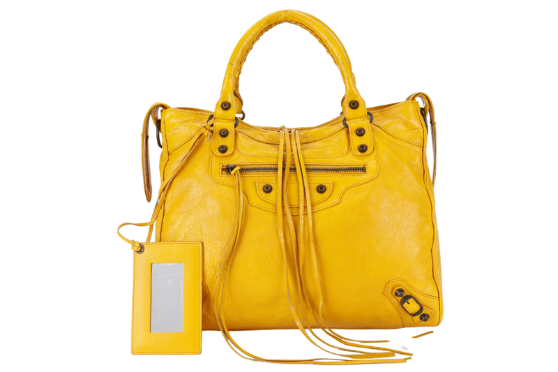 BALENCIAGA CITY VELO MUSTARD YELLOW LAMBSKIN HANDBAG WITH STRAPS AND DUST COVER