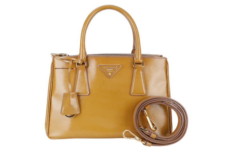 PRADA GALLERIA SMALL YELLOW GOLD SAFFIANO PATENT LEATHER GOLD HARDWARE NO DUST COVER