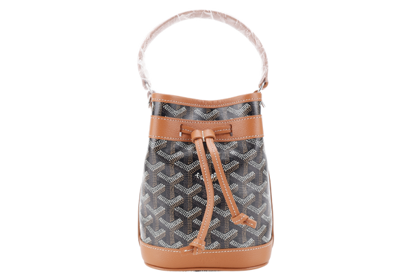 GOYARD PETIT FLOT MINI BUCKET BLACK AND TAN SILVER HARDWARE WITH STRAPS AND DUST COVER
