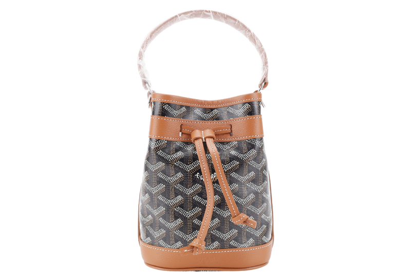 GOYARD PETIT FLOT MINI BUCKET BLACK AND TAN SILVER HARDWARE WITH STRAPS AND DUST COVER