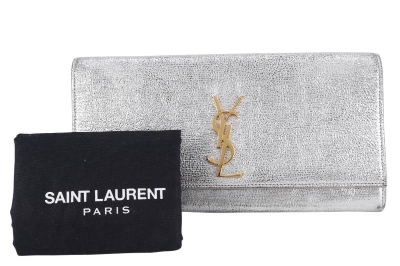 YVES SAINT LAURENT (YSL) CASSANDRE CLUTCH SILVER CALF LEATHER GOLD HARDWARE WITH DUST COVER