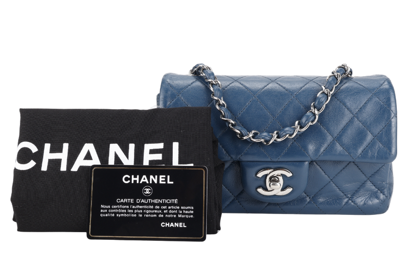 CHANEL BLUE LAMBSKIN MINI RECTANGLE CLASSIC FLAP (1762xxxx) SILVER HARDWARE WITH DUST COVER