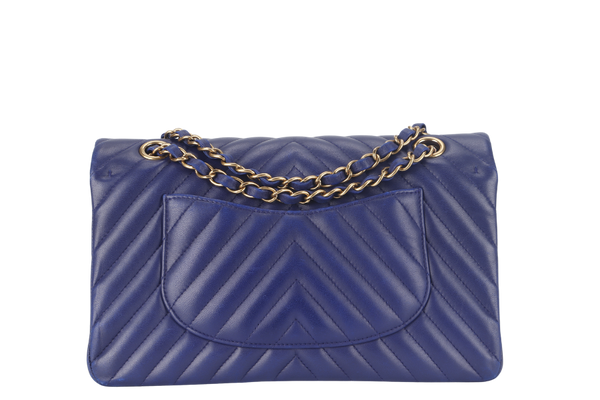 CHANEL CLASSIC FLAP CHEVRON (2117xxxx) DARK BLUE LAMBSKIN GOLD HARDWARE MEDIUM SIZE WITH CARD AND DUST COVER